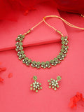 Tehzeeb Creations Luxurious Gold Polished Sea Green Colour Diamond Choker Necklace Set With Matching Earrings