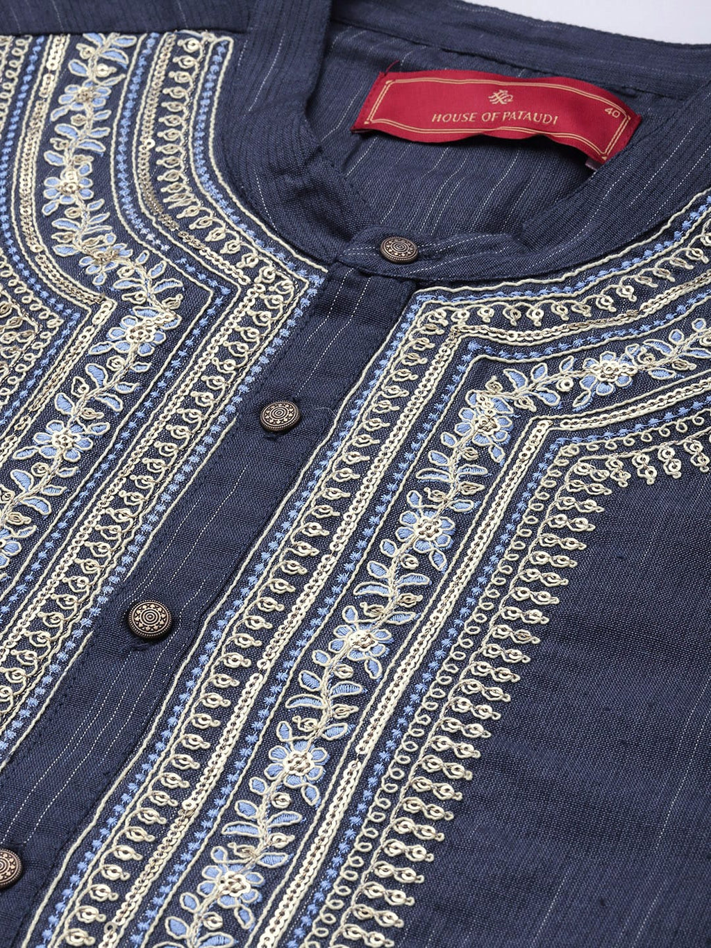 House of Pataudi Men Navy Blue Embroidered Striped Pattern Jashn Kurta