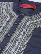 House of Pataudi Men Navy Blue Embroidered Striped Pattern Jashn Kurta