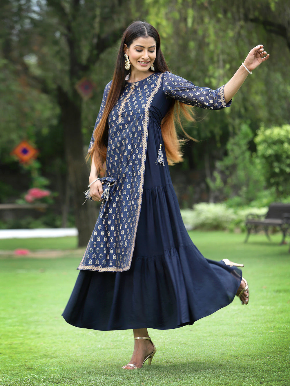 Juniper Women's Navy Chanderi Silk Printed Layered Dress - Distacart
