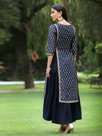 Juniper Women's Navy Chanderi Silk Printed Layered Dress - Distacart