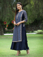Juniper Women's Navy Chanderi Silk Printed Layered Dress - Distacart