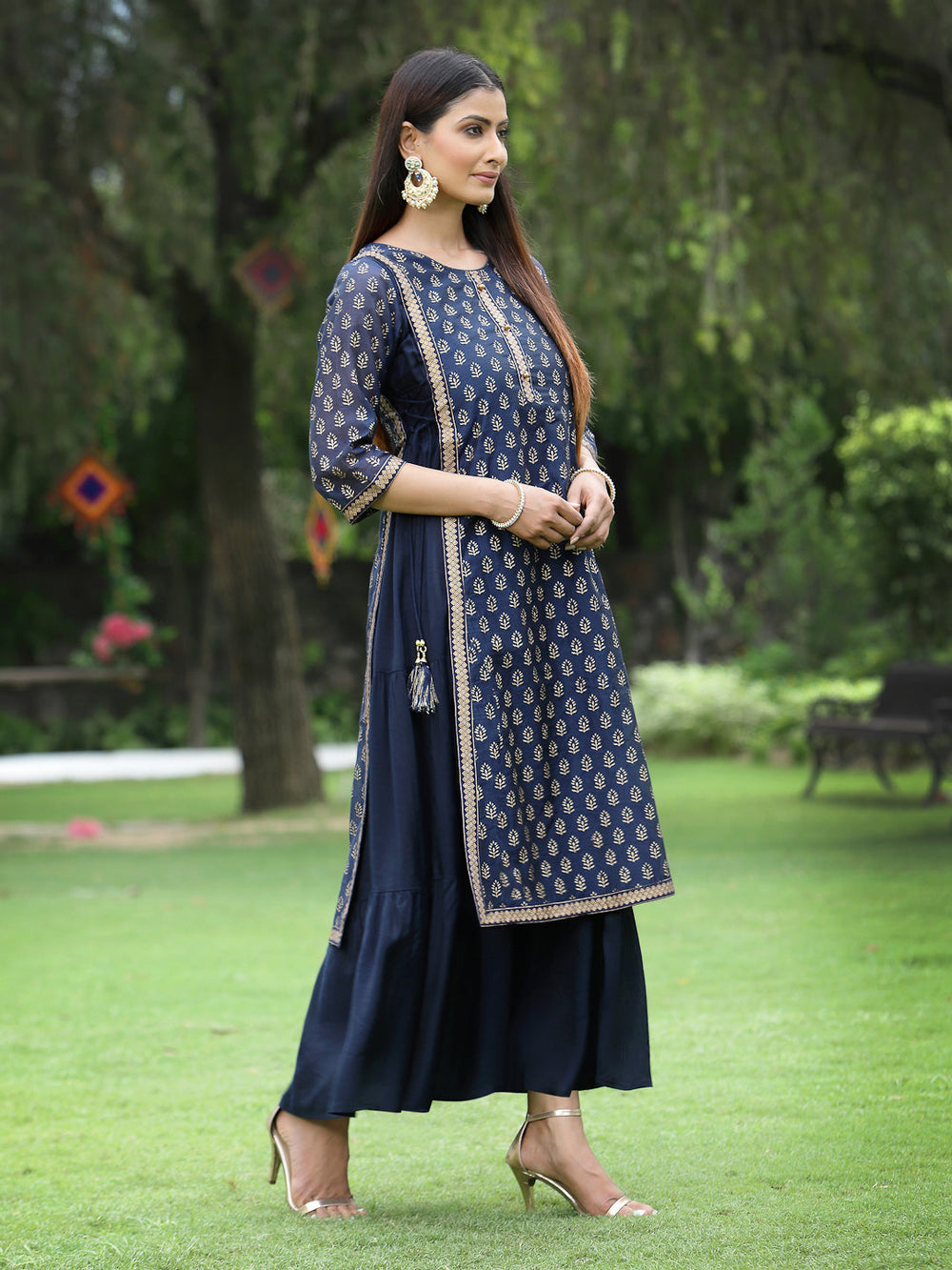 Juniper Women's Navy Chanderi Silk Printed Layered Dress - Distacart