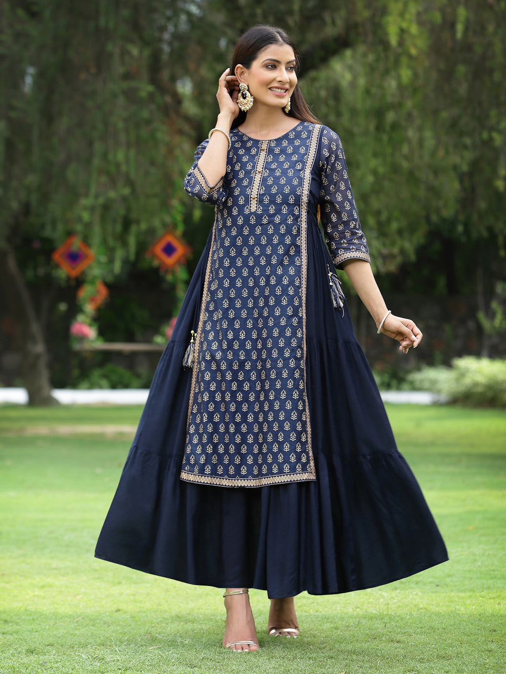 Juniper Women's Navy Chanderi Silk Printed Layered Dress - Distacart