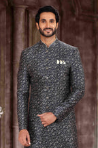 Raivat Ethnic Art Silk Digital Print Sherwani In Grey Black Colour