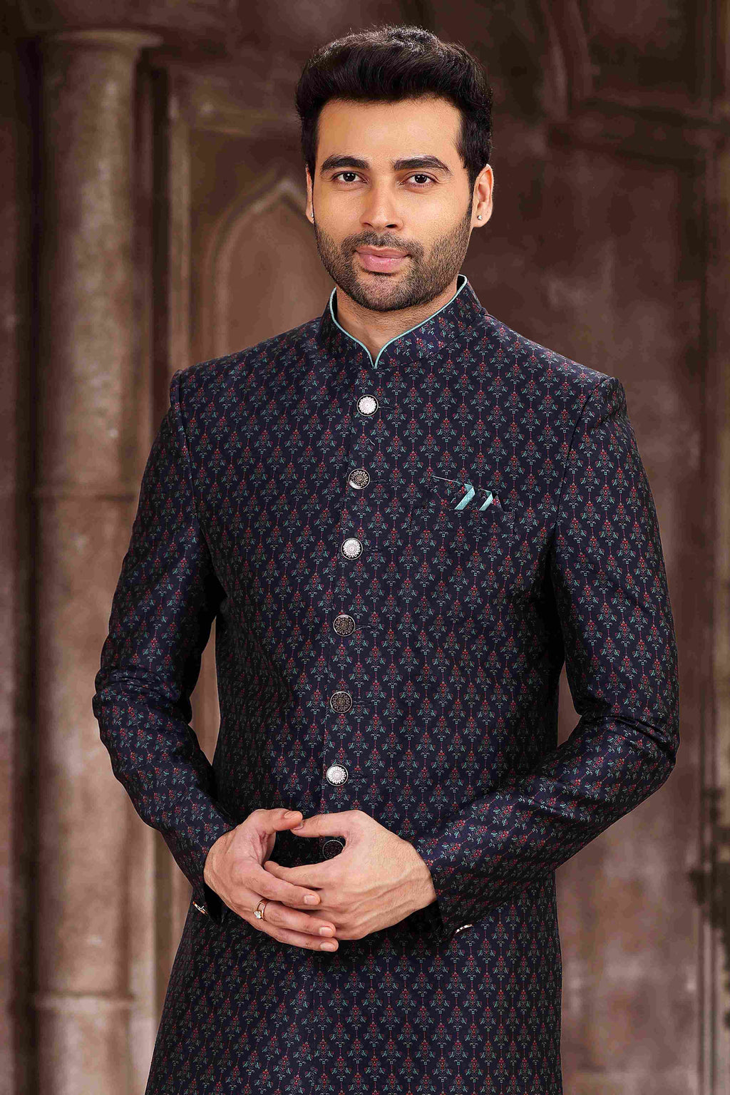 Raivat Ethnic Art Silk Digital Print Sherwani In Blue Colour