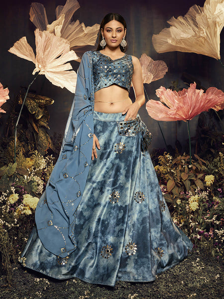 Myra Sky Blue Velvet Embroidered Designer Lehenga