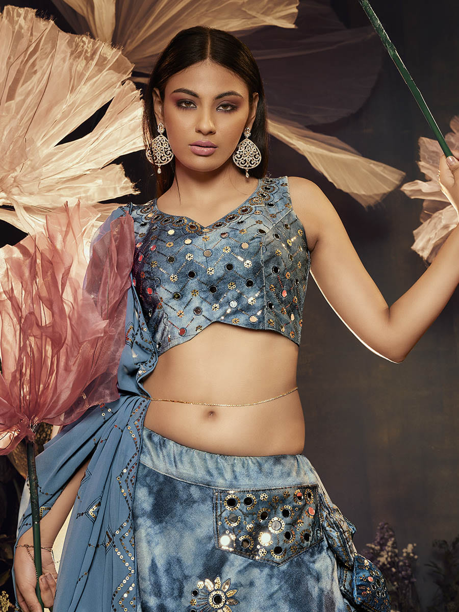Myra Sky Blue Velvet Embroidered Designer Lehenga