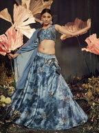 Myra Sky Blue Velvet Embroidered Designer Lehenga