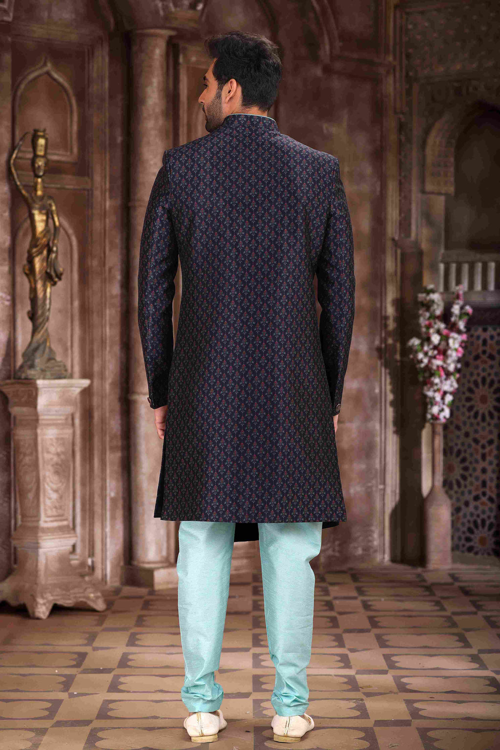 Raivat Ethnic Art Silk Digital Print Sherwani In Blue Colour