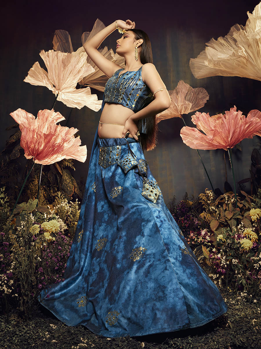 Myra Blue Velvet Embroidered Designer Lehenga