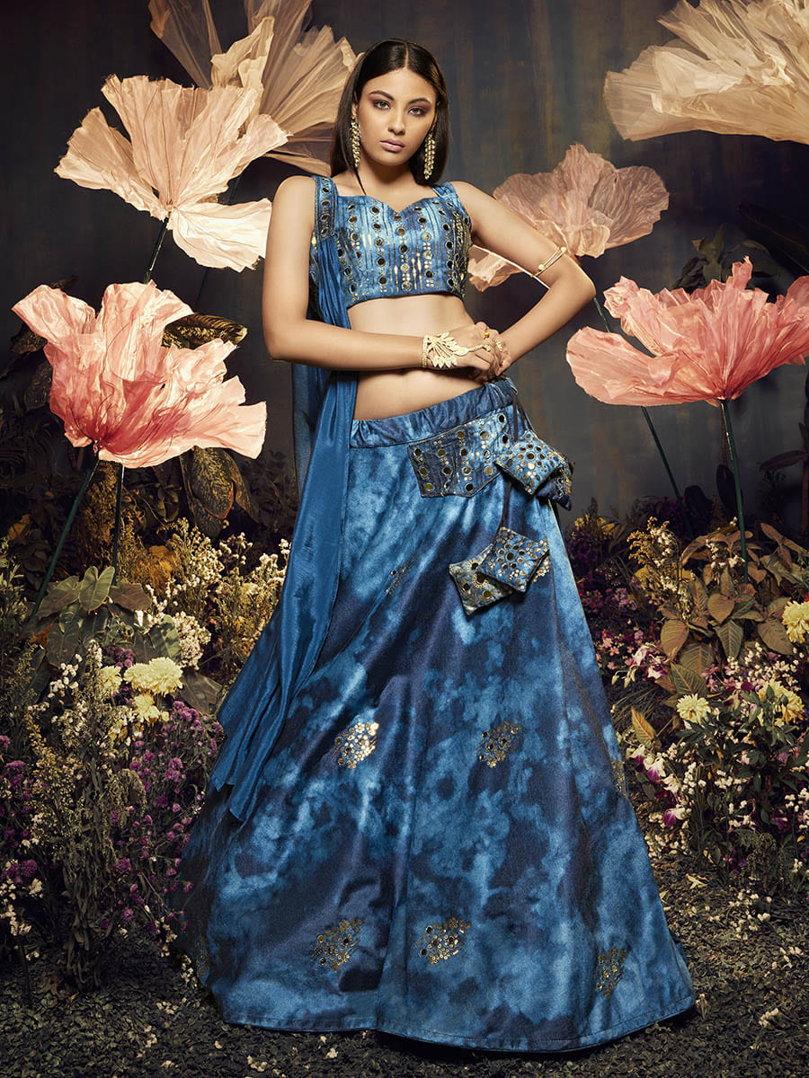 Myra Blue Velvet Embroidered Designer Lehenga