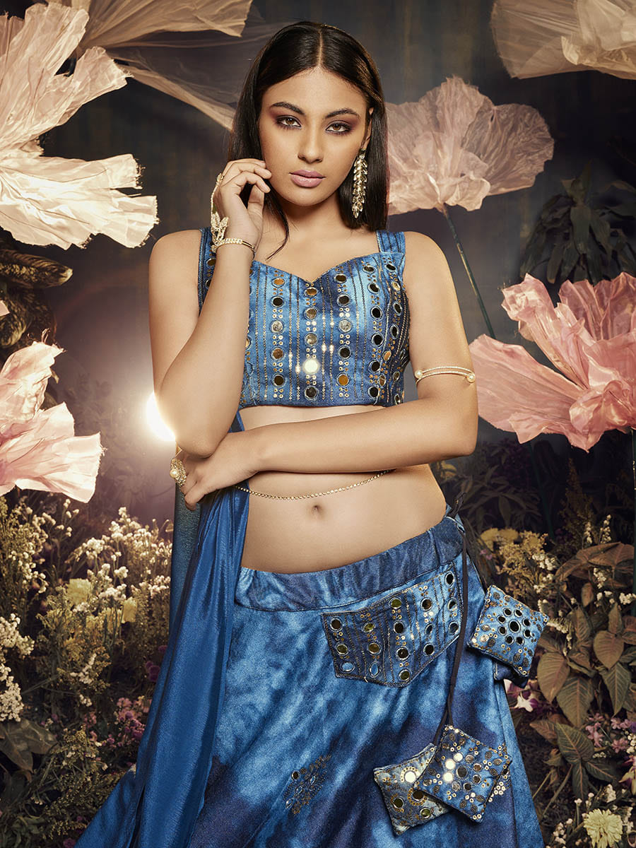 Myra Blue Velvet Embroidered Designer Lehenga