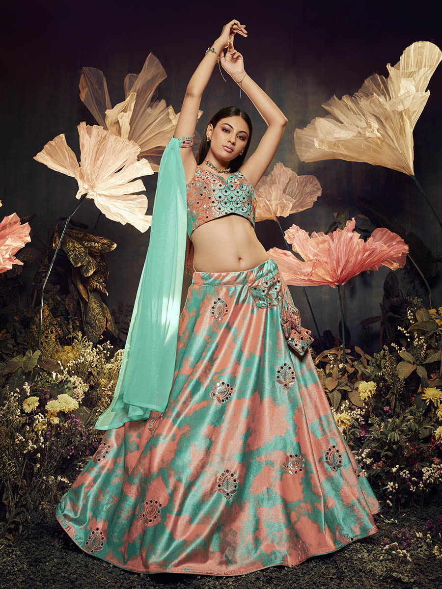 Myra Turquoise Orange Velvet Embroidered Designer Lehenga