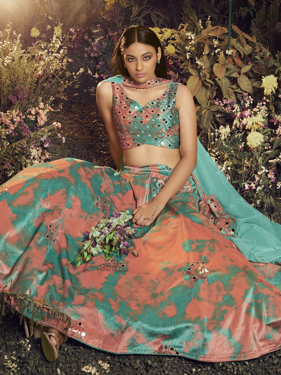 Myra Turquoise Orange Velvet Embroidered Designer Lehenga