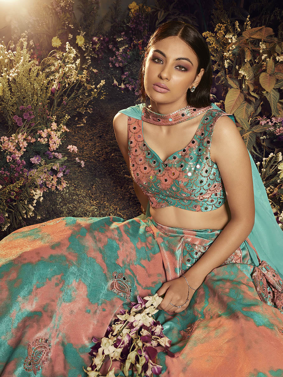 Myra Turquoise Orange Velvet Embroidered Designer Lehenga