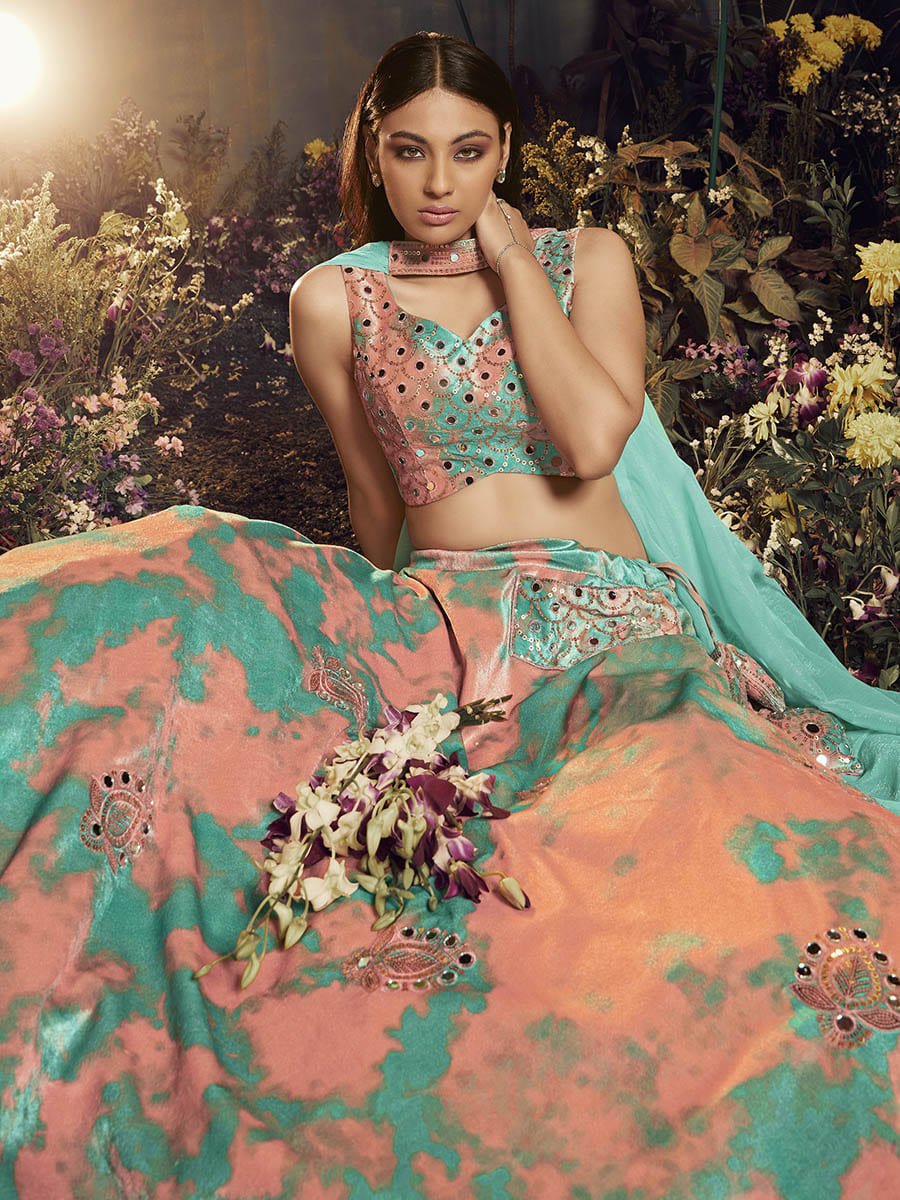 Myra Turquoise Orange Velvet Embroidered Designer Lehenga
