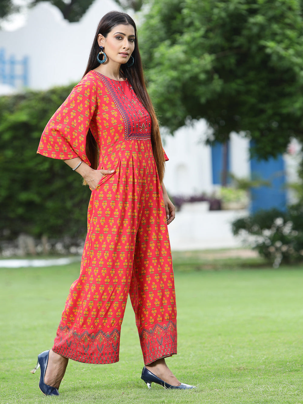 Juniper Women`s Coral Rayon Printed Regular Jumpsuit - Distacart