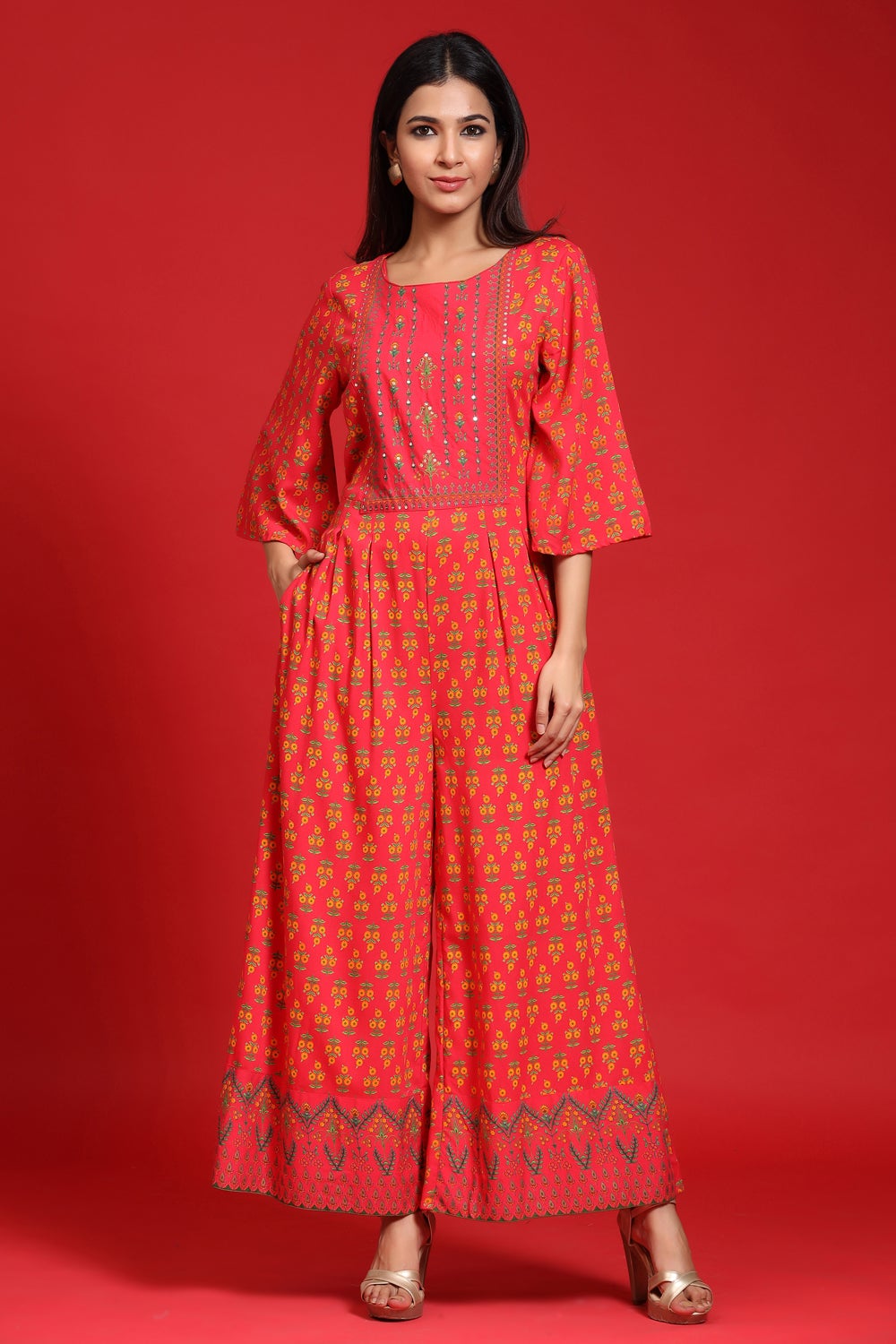 Juniper Women`s Coral Rayon Printed Regular Jumpsuit - Distacart