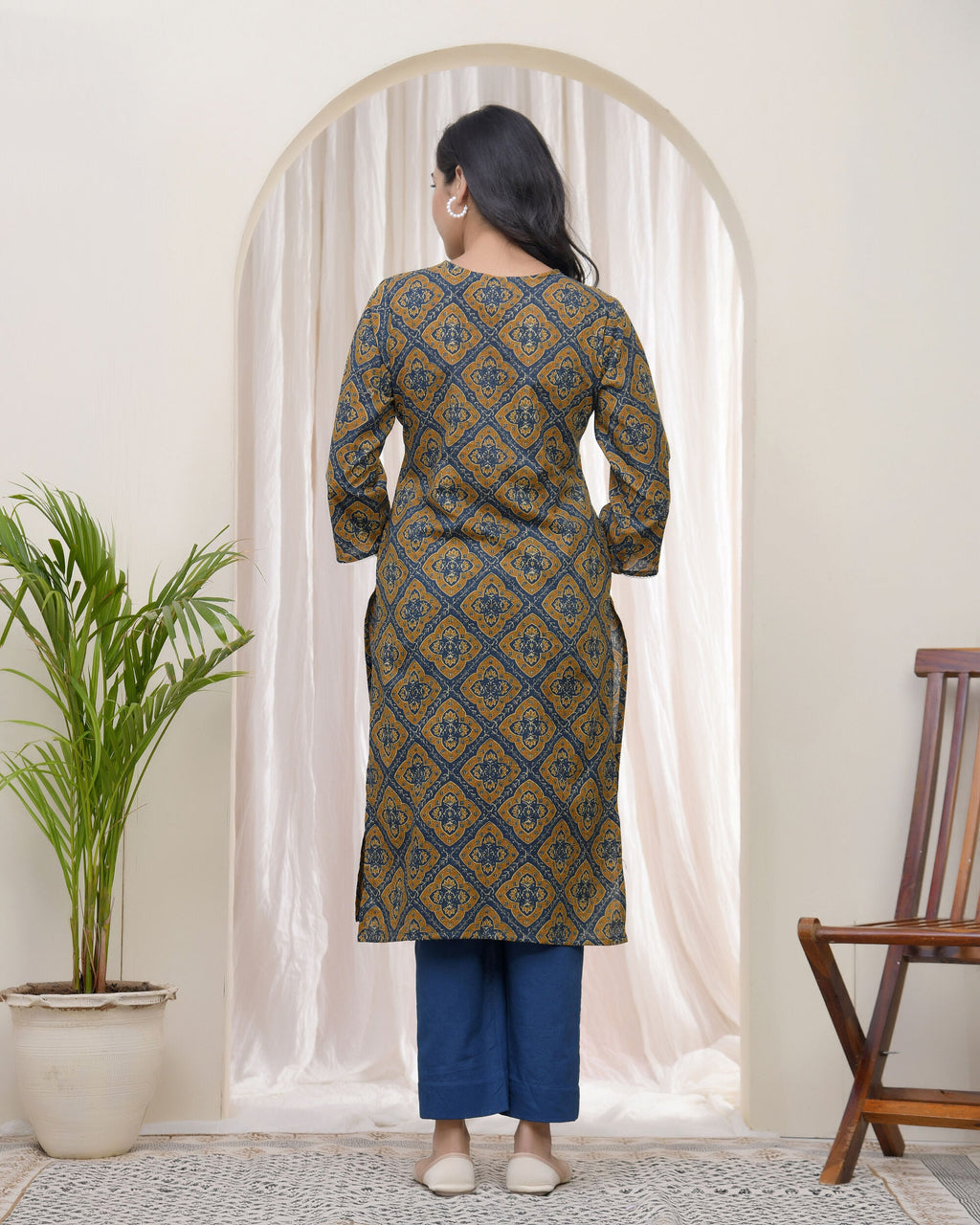 Vaasva Blue Ajrakh Cotton Printed Gathered Kurti