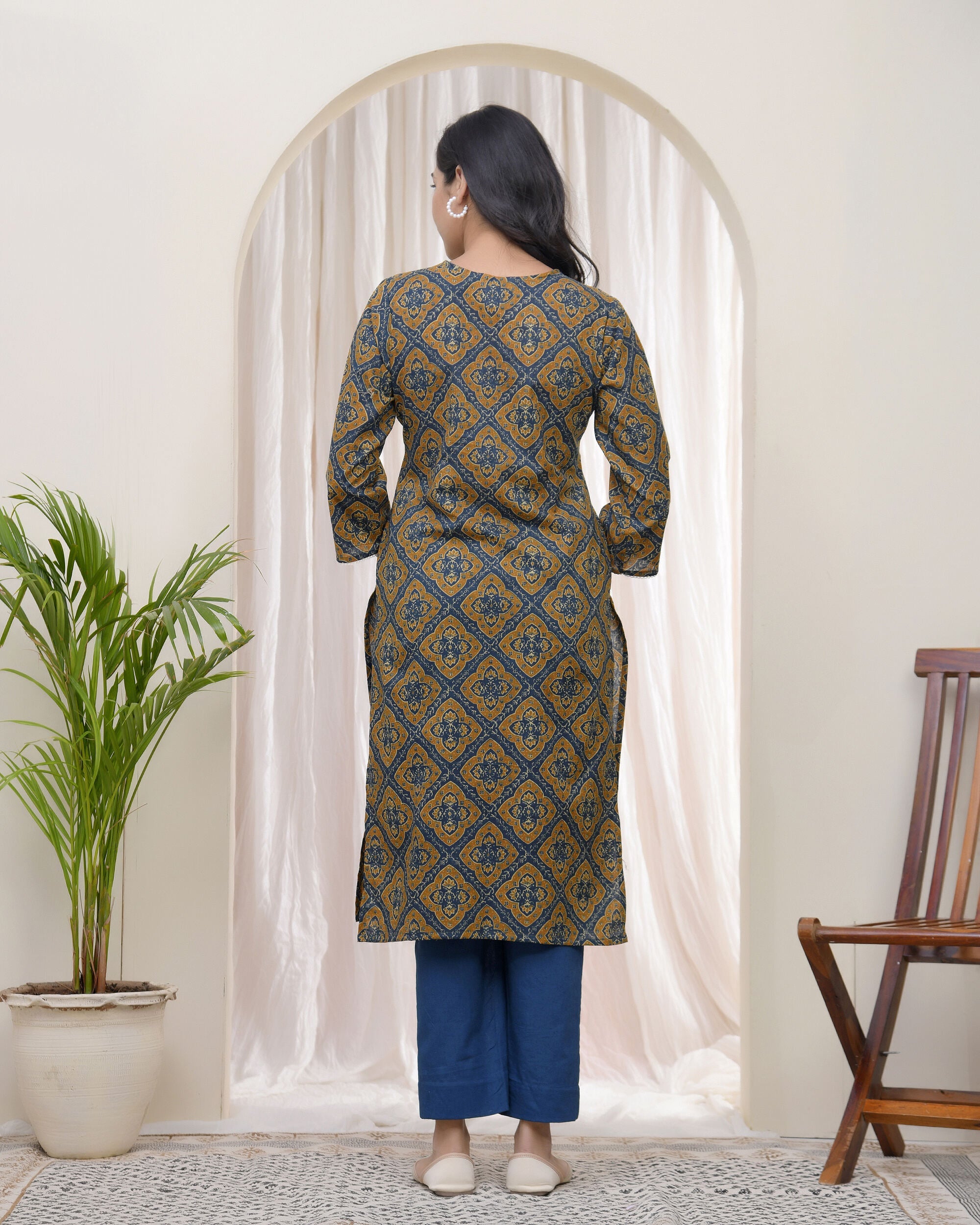 Vaasva Blue Ajrakh Cotton Printed Gathered Kurti