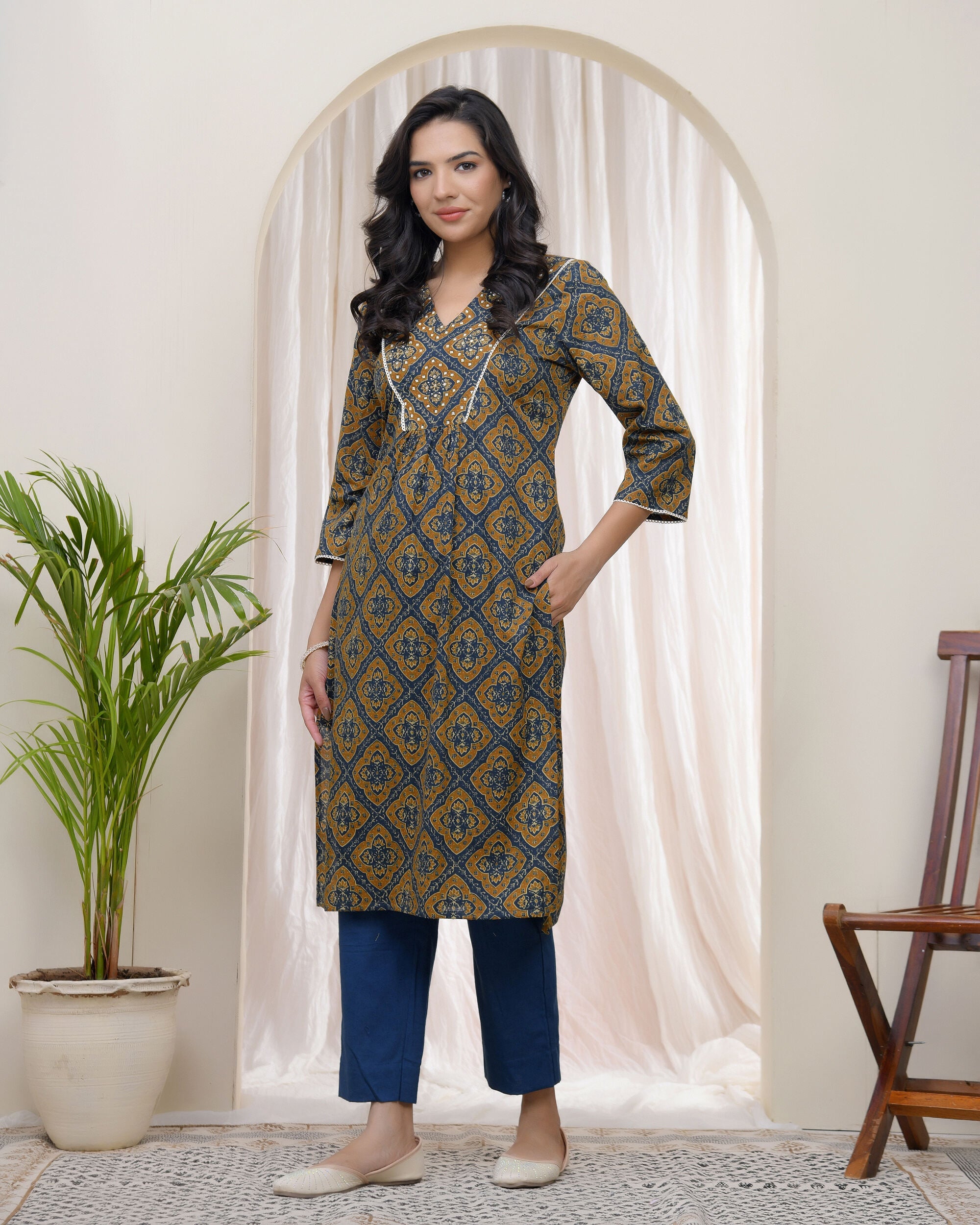 Vaasva Blue Ajrakh Cotton Printed Gathered Kurti