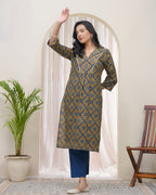 Vaasva Blue Ajrakh Cotton Printed Gathered Kurti