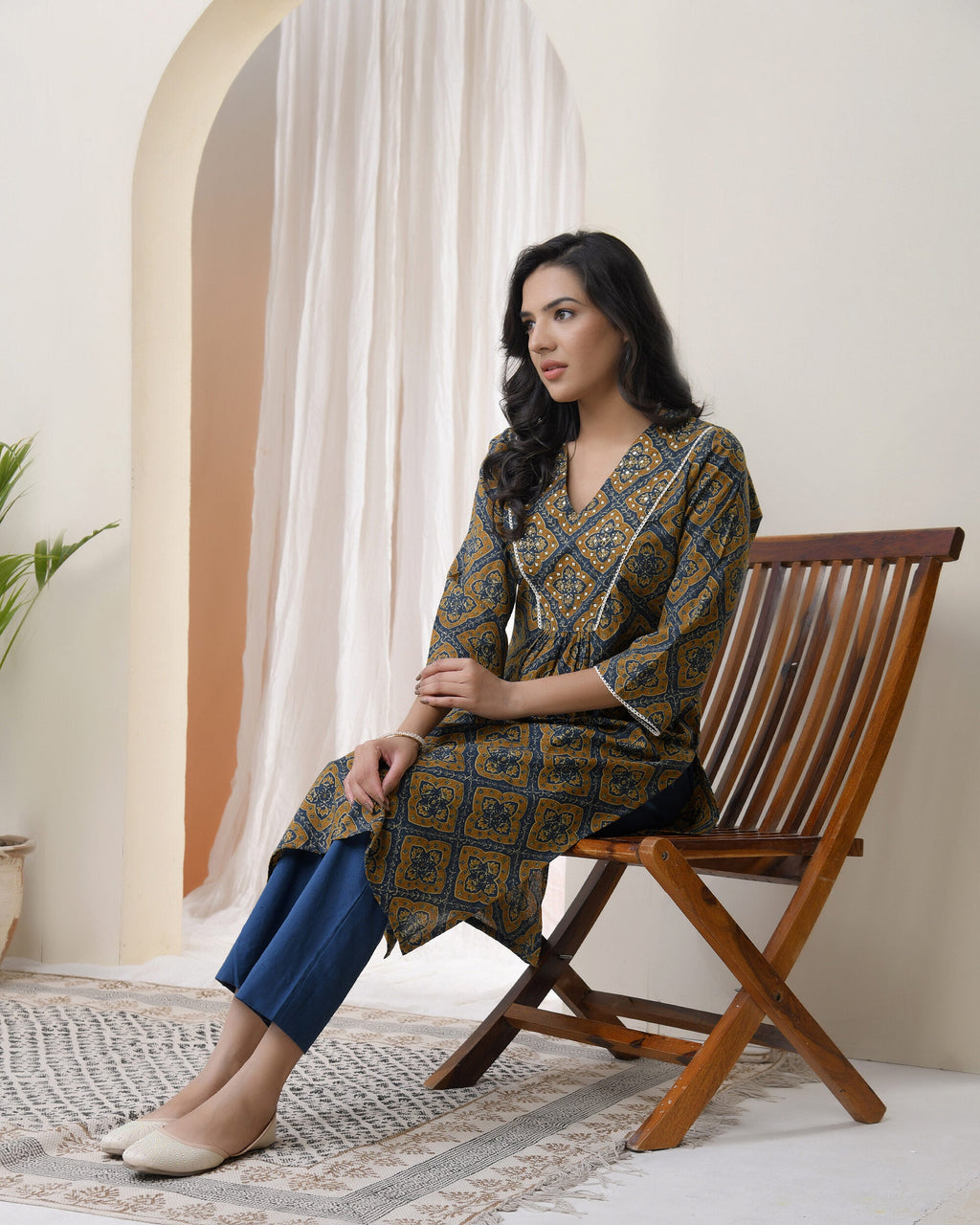 Vaasva Blue Ajrakh Cotton Printed Gathered Kurti