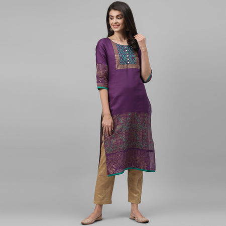 Maai Rayon Hand Printed Kurta Purple