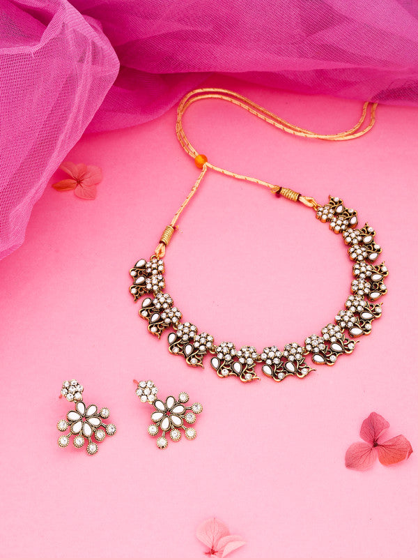 Tehzeeb Creations Luxurious Gold Polished White Colour Diamond Choker Necklace Set With Matching Earrings