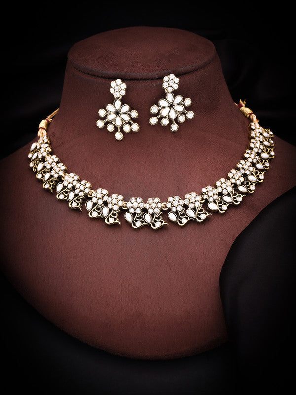 Tehzeeb Creations Luxurious Gold Polished White Colour Diamond Choker Necklace Set With Matching Earrings