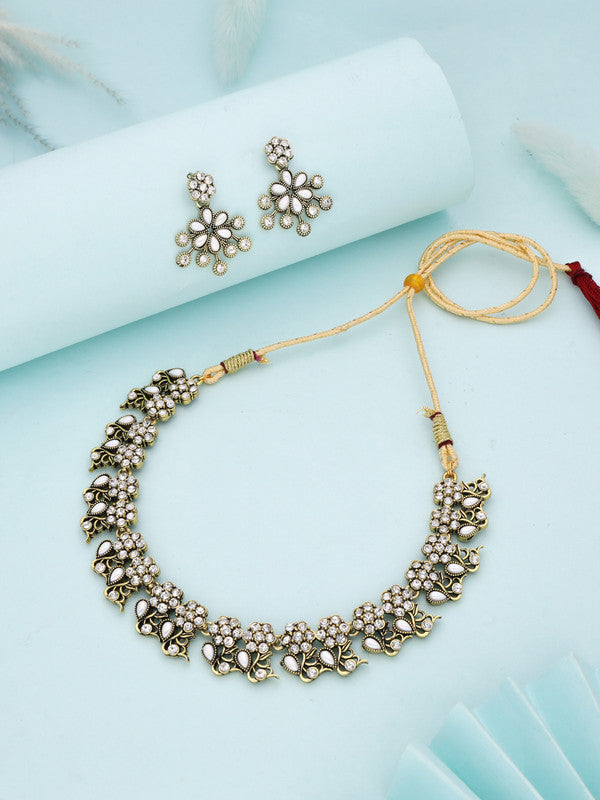 Tehzeeb Creations Luxurious Gold Polished White Colour Diamond Choker Necklace Set With Matching Earrings