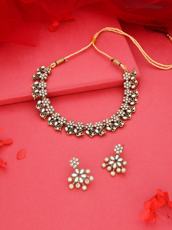 Tehzeeb Creations Luxurious Gold Polished White Colour Diamond Choker Necklace Set With Matching Earrings
