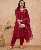 Sangria Maroon Floral Embroidered Straight Kurta With Trousers & Dupatta