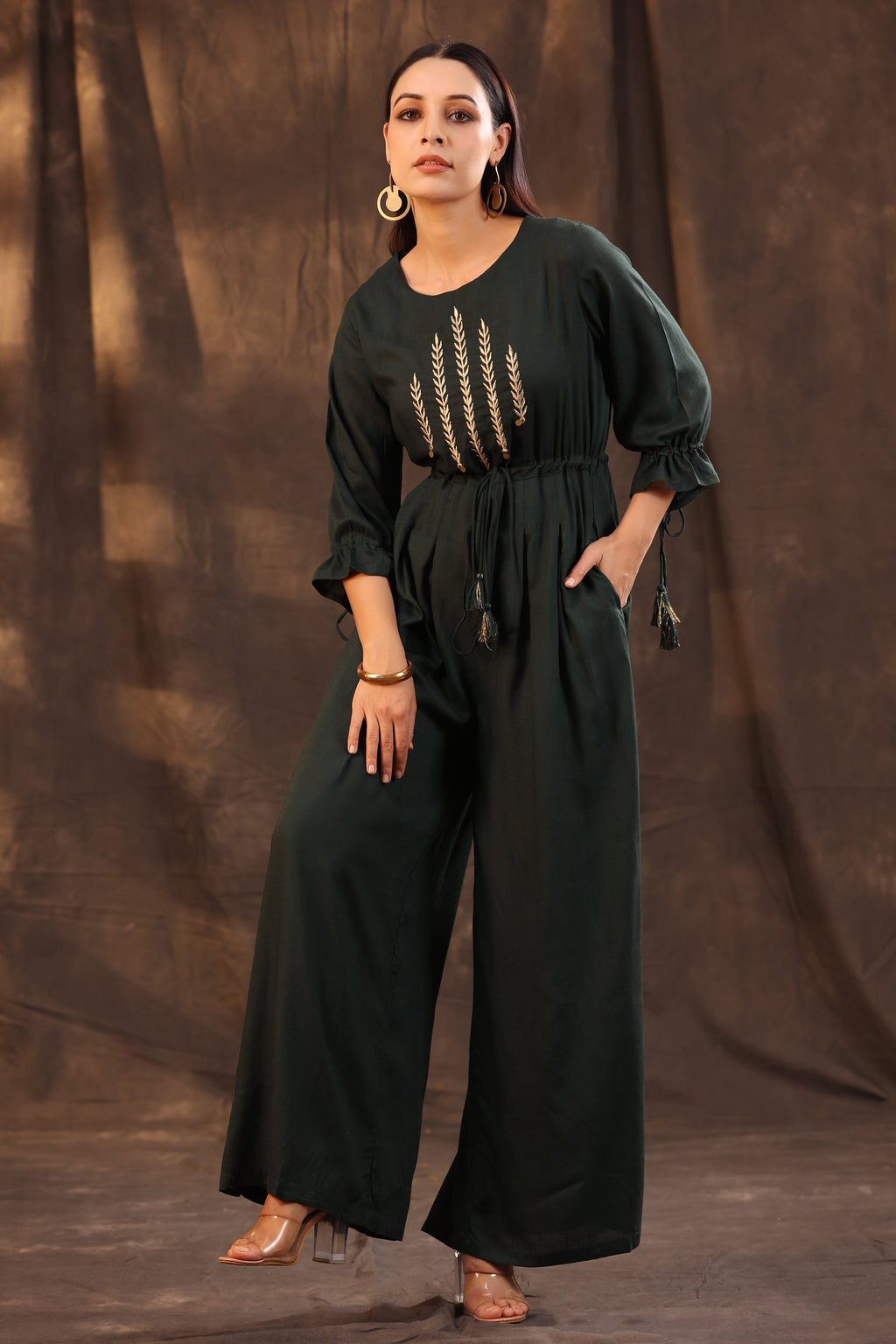 Juniper Women Jadegreen Rayon Slub Embroidered Regular Jumpsuit - Distacart
