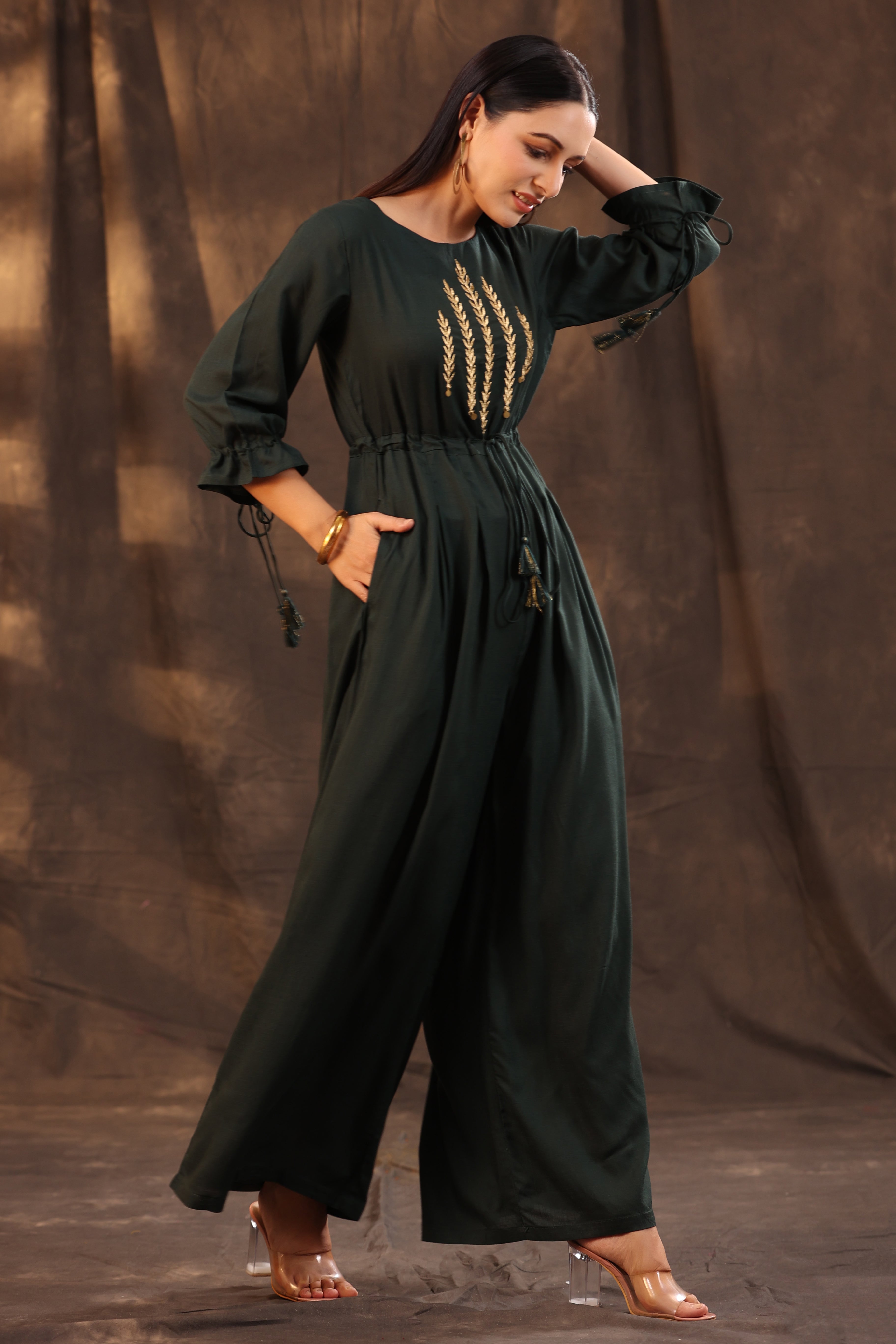Juniper Women Jadegreen Rayon Slub Embroidered Regular Jumpsuit - Distacart