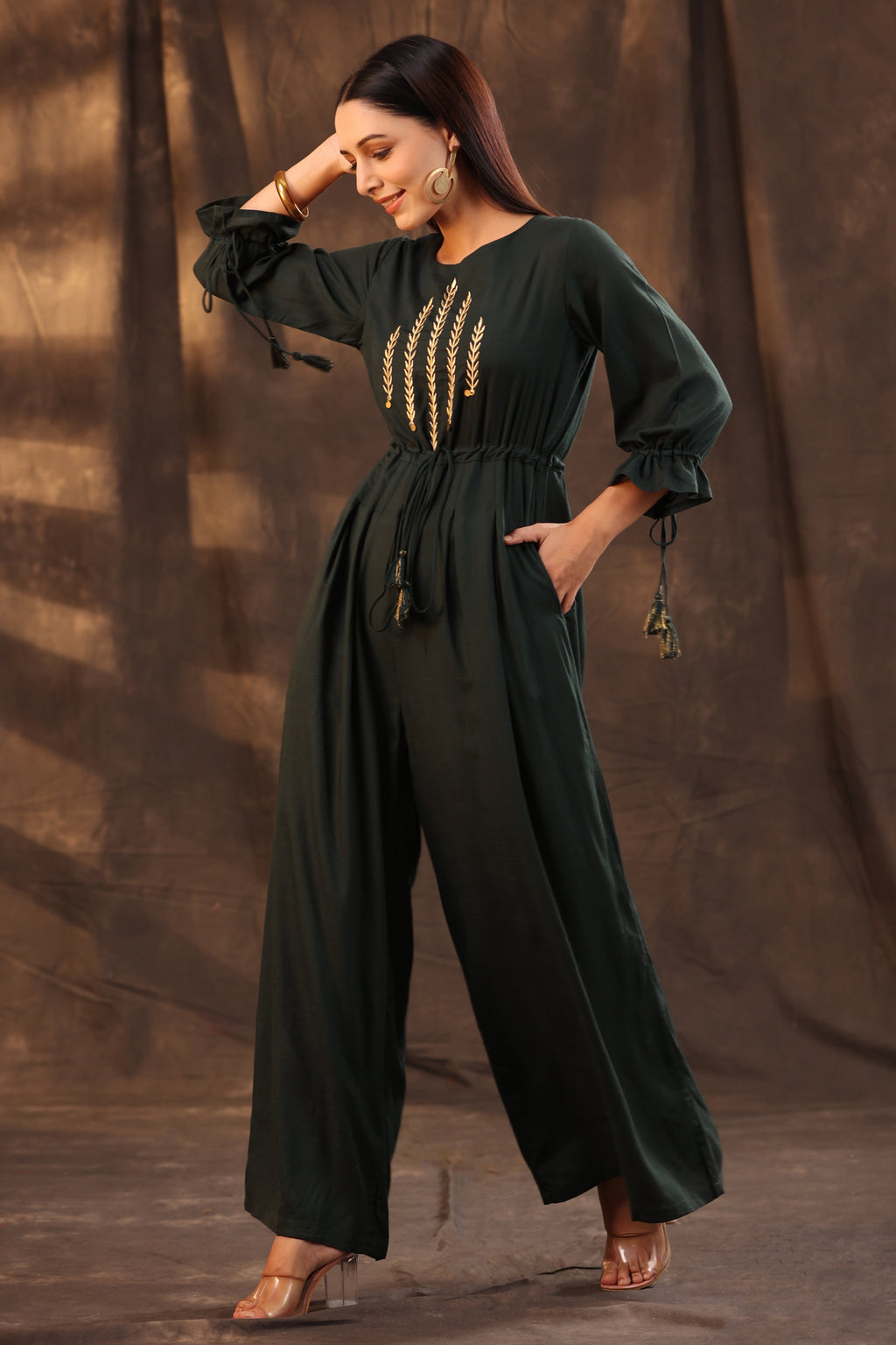 Juniper Women Jadegreen Rayon Slub Embroidered Regular Jumpsuit - Distacart