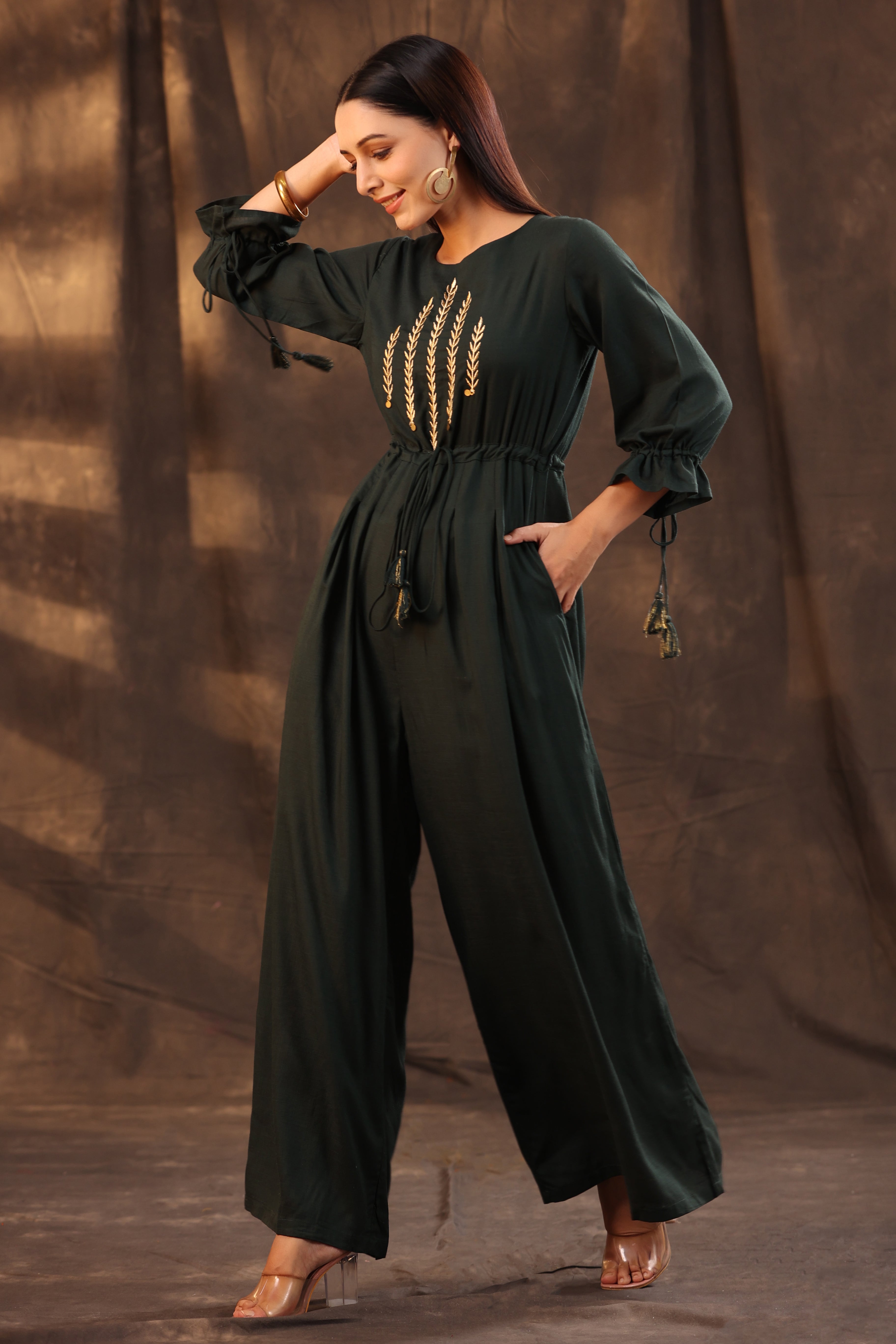 Juniper Women Jadegreen Rayon Slub Embroidered Regular Jumpsuit - Distacart