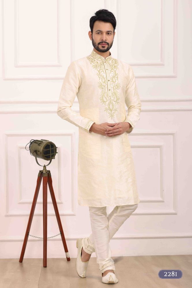 Raivat Ethnic Art Banarasi Silk Thread Work Kurta Pajama In Cream Colour