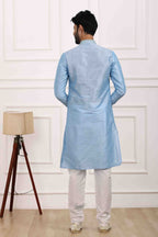 Raivat Ethnic Art Banarasi Silk Thread Work Kurta Pajama In Sky Blue Colour