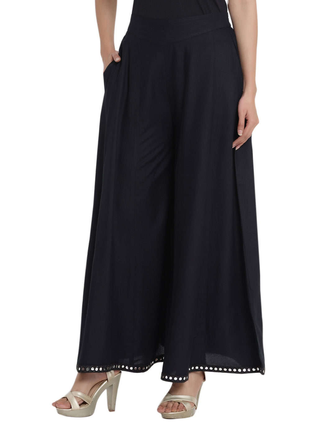 Juniper Women Black Rayon Solid Flared Palazzo - Distacart