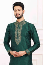 Raivat Ethnic Art Banarasi Silk Thread Work Kurta Pajama In Green Colour