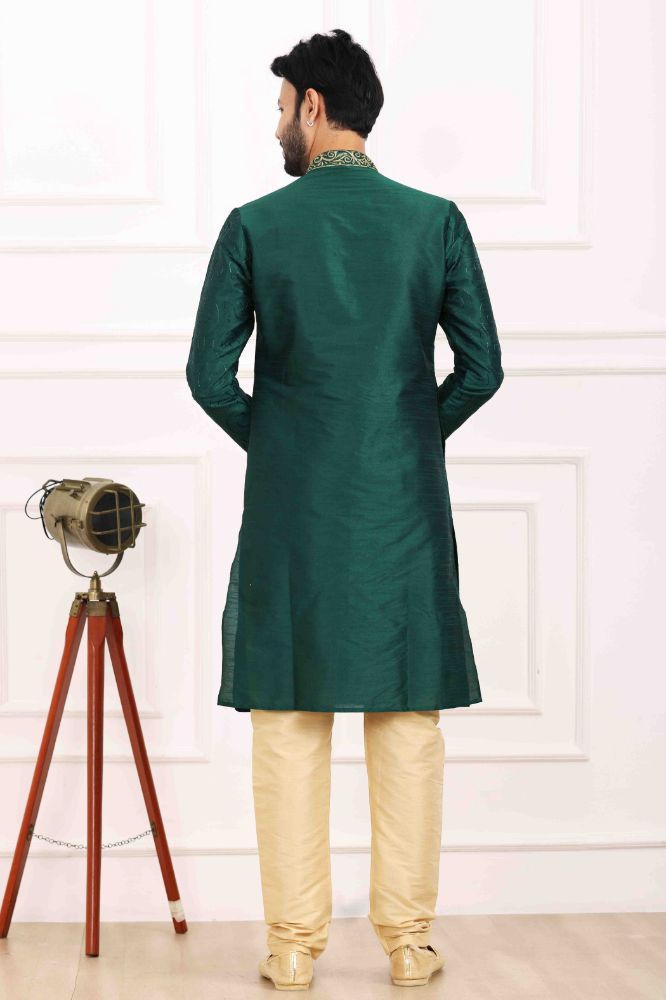 Raivat Ethnic Art Banarasi Silk Thread Work Kurta Pajama In Green Colour