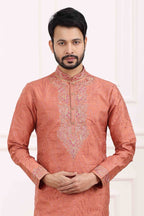 Raivat Ethnic Art Banarasi Silk Thread Work Kurta Pajama In Rust Pink Colour