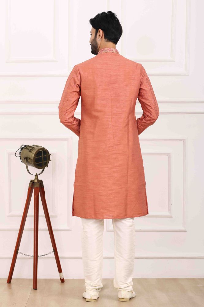 Raivat Ethnic Art Banarasi Silk Thread Work Kurta Pajama In Rust Pink Colour