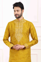 Raivat Ethnic Art Banarasi Silk Thread Work Kurta Pajama In Mustard Colour