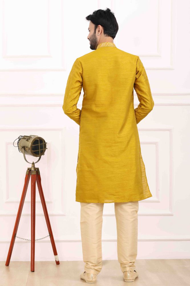 Raivat Ethnic Art Banarasi Silk Thread Work Kurta Pajama In Mustard Colour