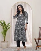 Vaasva Black Floral Cotton Printed Gathered Kurti