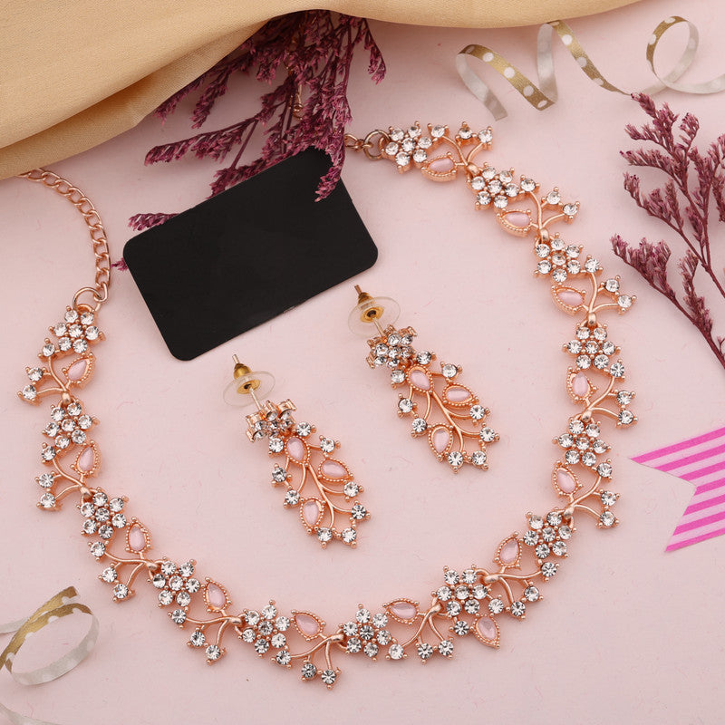 Tehzeeb Creations Brass, Stone, Crystal, Stainless Steel Gold-Polished Pink Jewel Set