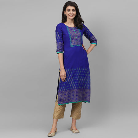 Maai Rayon Hand Printed Kurta Blue